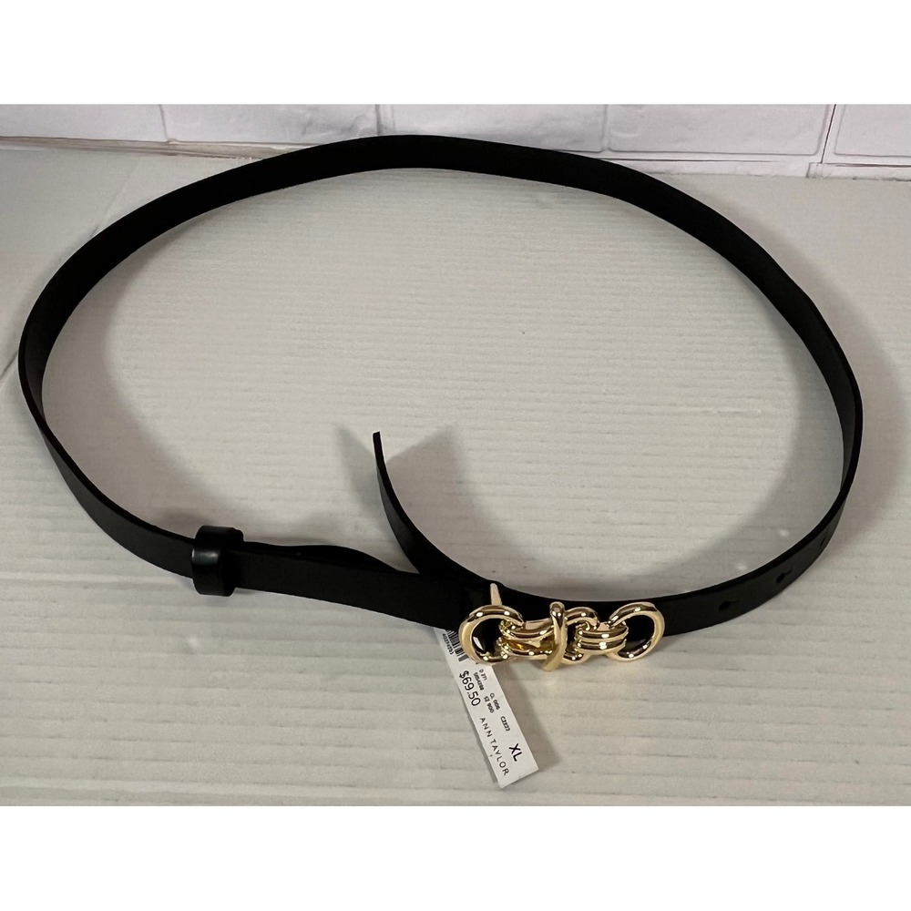 Ann Taylor Belt Women XL Black Leather Gold Interlocking Buckle New